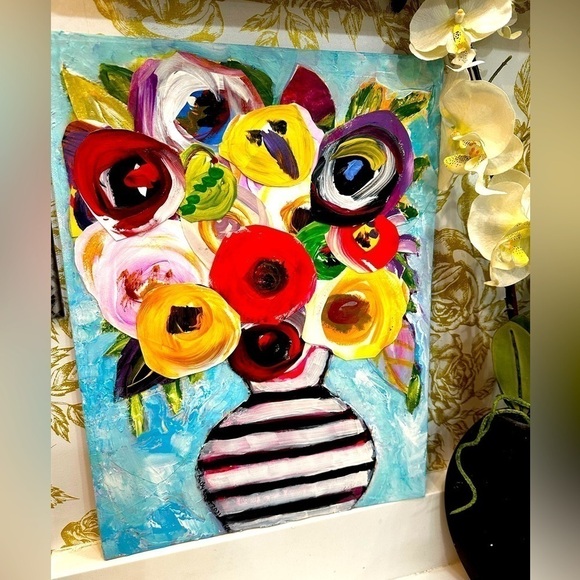 Art Painting Original Mixed Media Acrylic Collage on Canvas Board Blue Floral - Picture 1 of 12